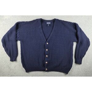 Vintage LL Bean Cardigan Sweater Men XL Blue 3D Knit Basketweave USA Made Cotton